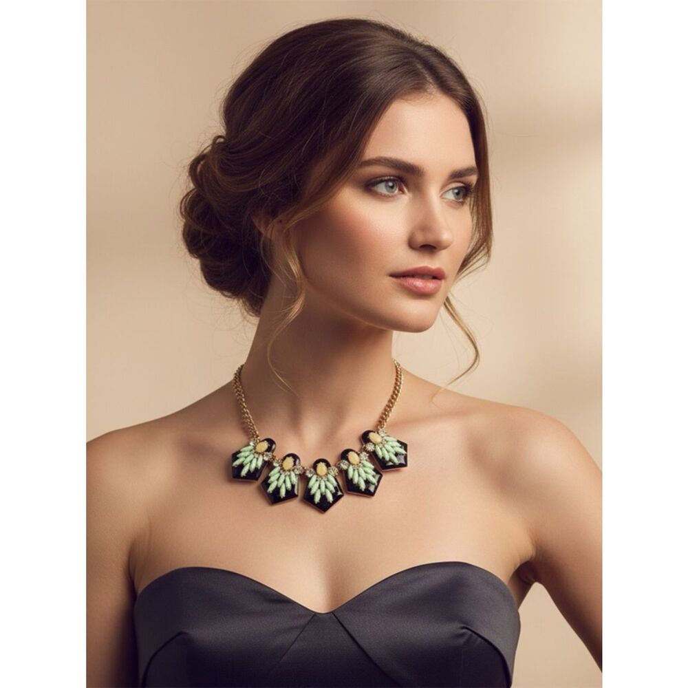 J. Crew Rhinestone Jeweled Antique Gold Tone Statement Necklace